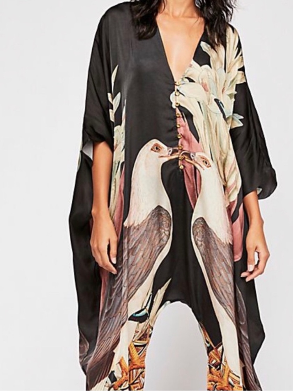 Carolina K Black Bird-Print Silk Jumpsuit